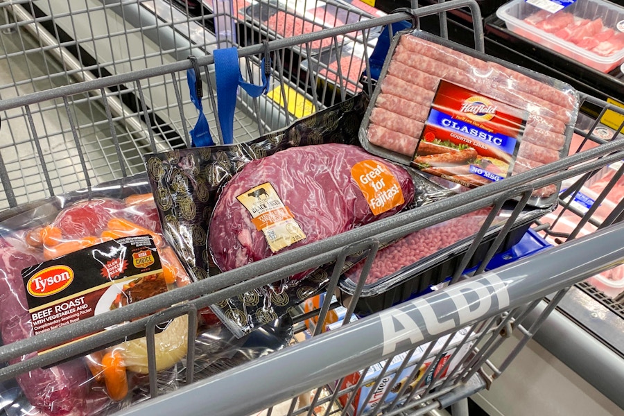 Meat in an ALDI shopping basket