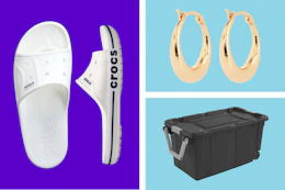 crocs slides, gold earrings, black sterilite storage