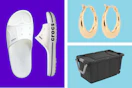 crocs slides, gold earrings, black sterilite storage