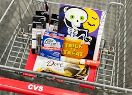 cvs shopping cart with dove, alka-seltzer, covergirl, hallmark, and nivea