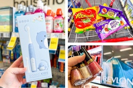 collage image of squishmallows toothbrush, revlon nail polish, and candy