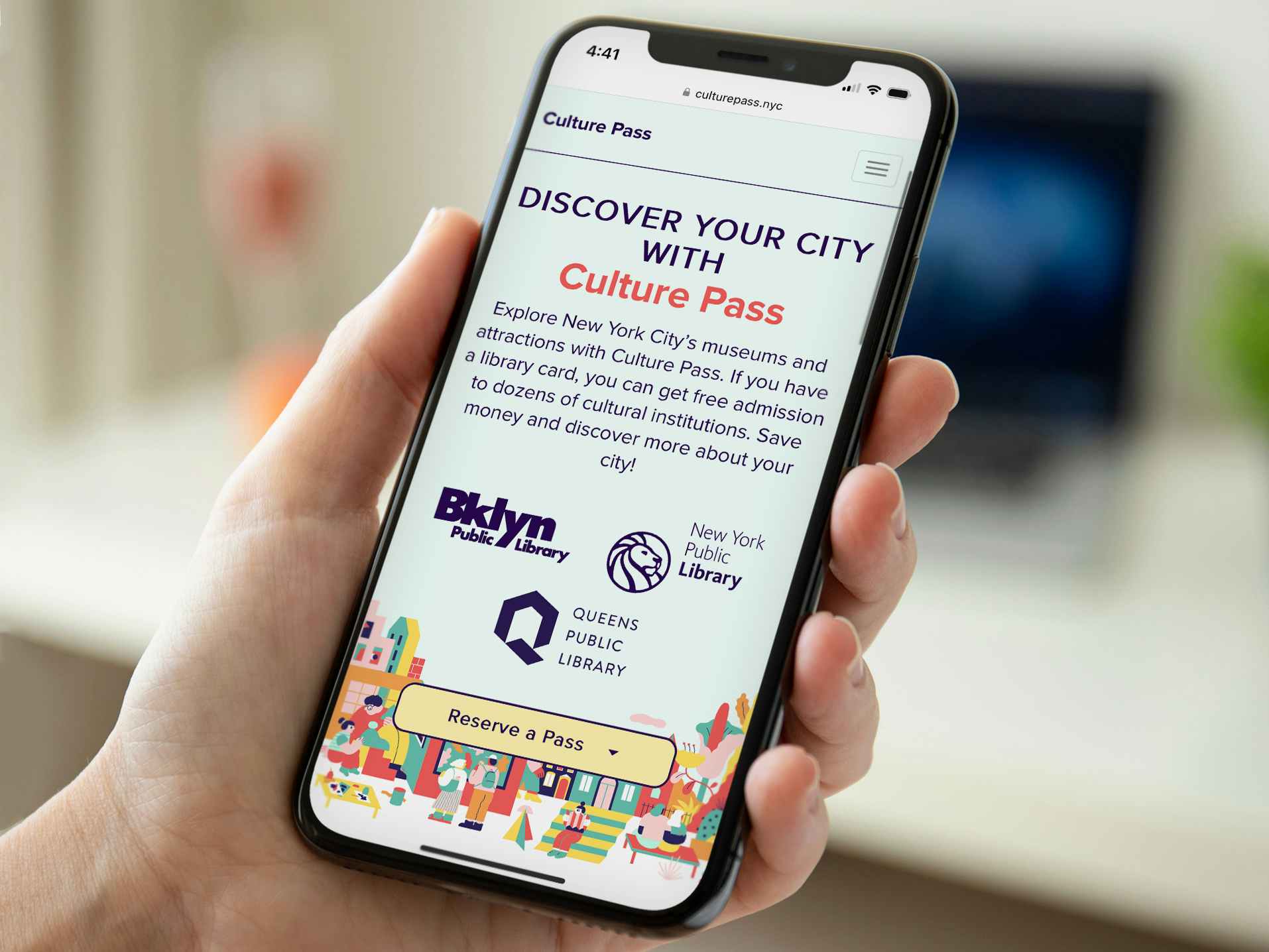 Someone holding up a phone displaying the CulturePass NYC website landing page