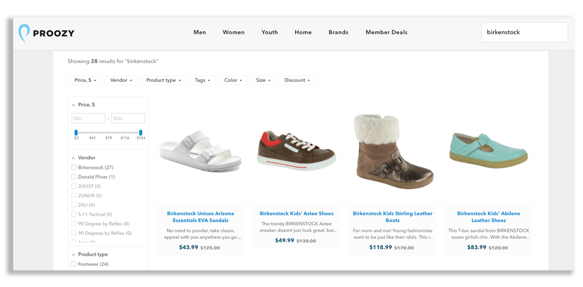 A screenshot of Proozy's Birkenstock listings on their website.