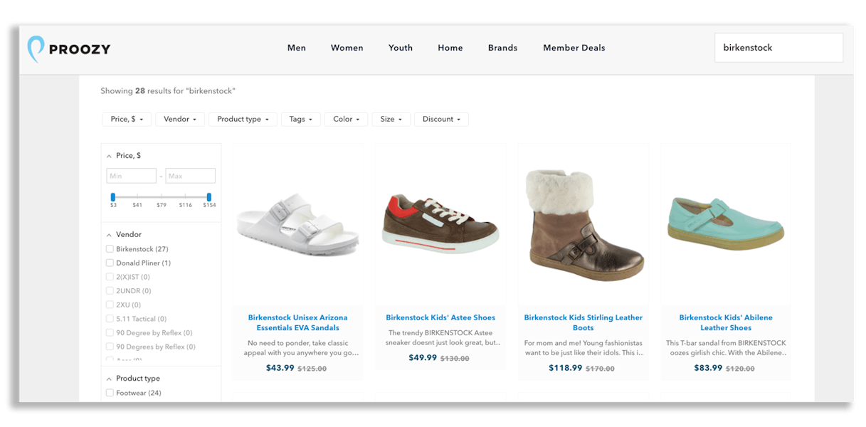 A screenshot of Proozy's Birkenstock listings on their website.