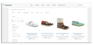 A screenshot of Proozy's Birkenstock listings on their website.