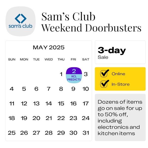 Calendar graphic showing the predicted start date for the next Sam's Club Doorbuster sale as Friday, May 2, 2025.