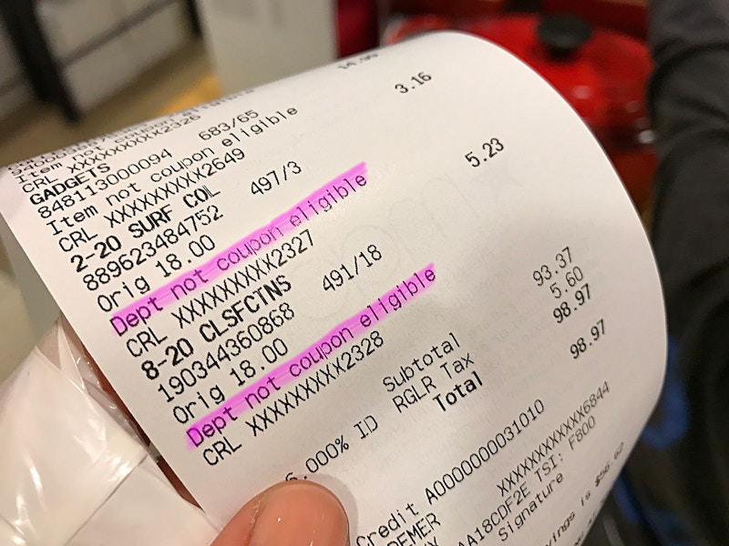 close up of macy final act coupon receipt