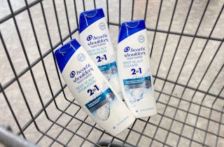 three bottles of head & shoulders hair care in a walgreens shopping cart