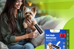 A woman holds a small dog in one hand and a pet hair removal roller in the other.