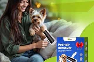 A woman holds a small dog in one hand and a pet hair removal roller in the other.