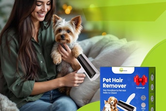 A woman holds a small dog in one hand and a pet hair removal roller in the other.