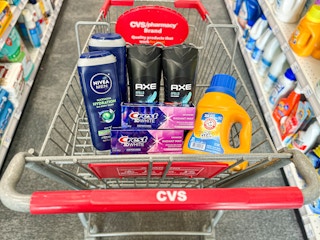 nivea body wash, axe body wash, crest toothpaste, and arm & hammer detergent in a cart