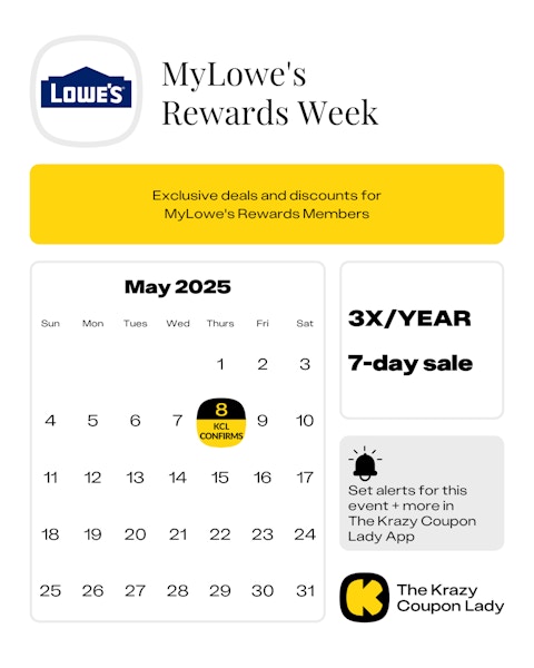 Calendar graphic of MyLowe's Rewards Week starting May 8 2025