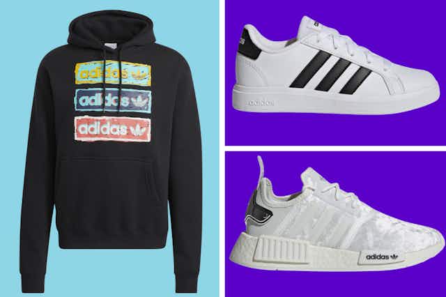 Adidas at eBay: $16 Kids' Sneakers, $20 Men's Hoodie, and $34 Women's Shoes card image
