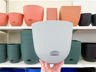 hand holding a self-watering planter in front of target shelves