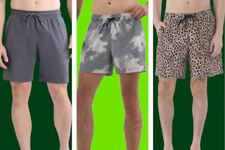 Three pairs of swim trunks in different styles and colors/patterns