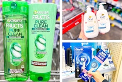 collage image of garnier shampoo, dove hand soap, and oral-b electric toothbrush