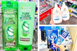 collage image of garnier shampoo, dove hand soap, and oral-b electric toothbrush