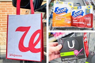 collage with Walgreens bag, kotex tampons, and scott paper products