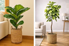2 lifestyle images of LCG Florals fake trees in woven basket planters