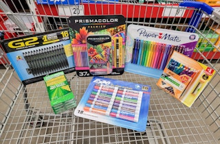 school supplies in a cart