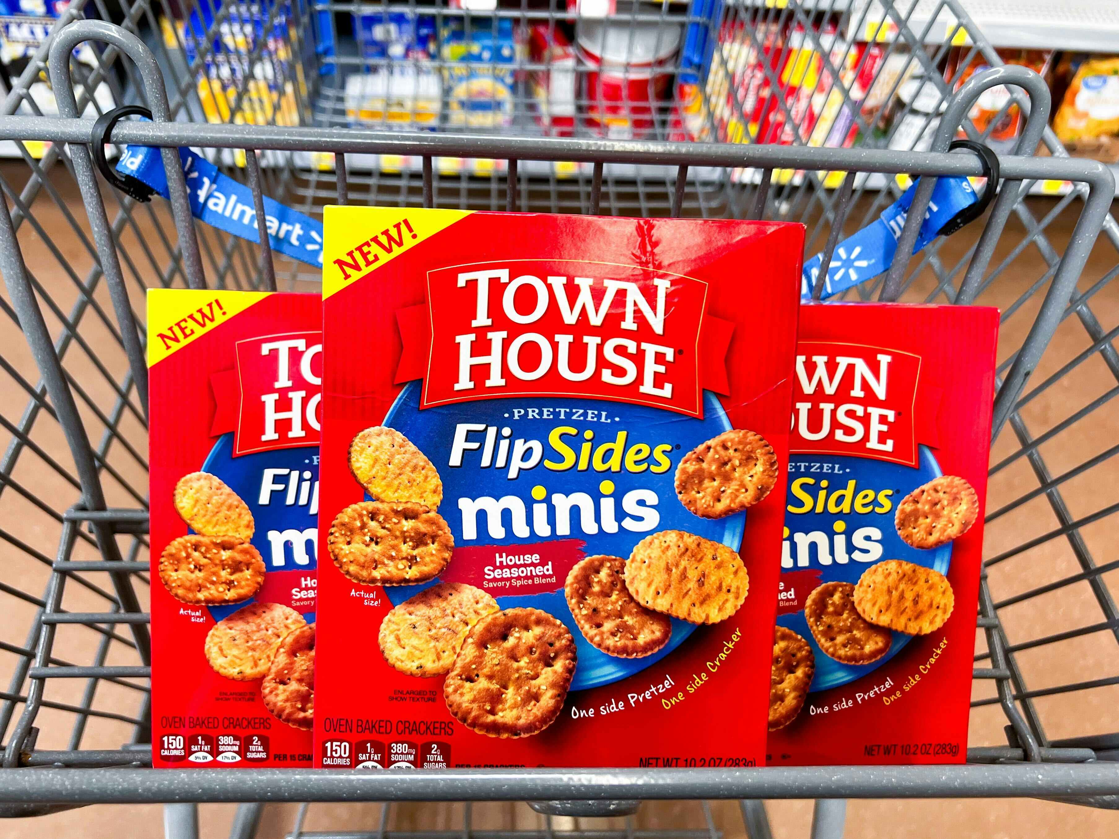 3 boxes of town house flipsides minis crackers in a cart