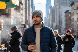 a man wearing a beanie outside