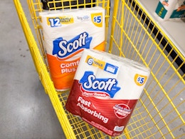 scott toilet paper and paper towels in yellow shopping cart