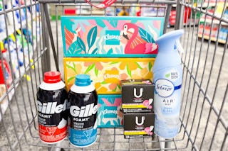 kleenex, gillette shave foam, u by kotex panty liners, and febreze air freshener in a cart