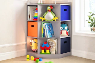 Lifestyle image of a 6-cube toy storage unit in home setting