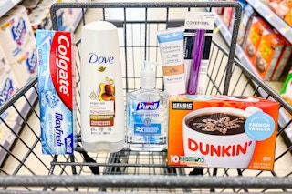 shopping cart with items from walgreens haul