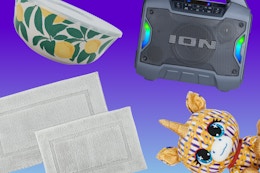 Mainstays mixing bowl, bathroom mat, Ion bluetooth speaker, Beanie Baby plush