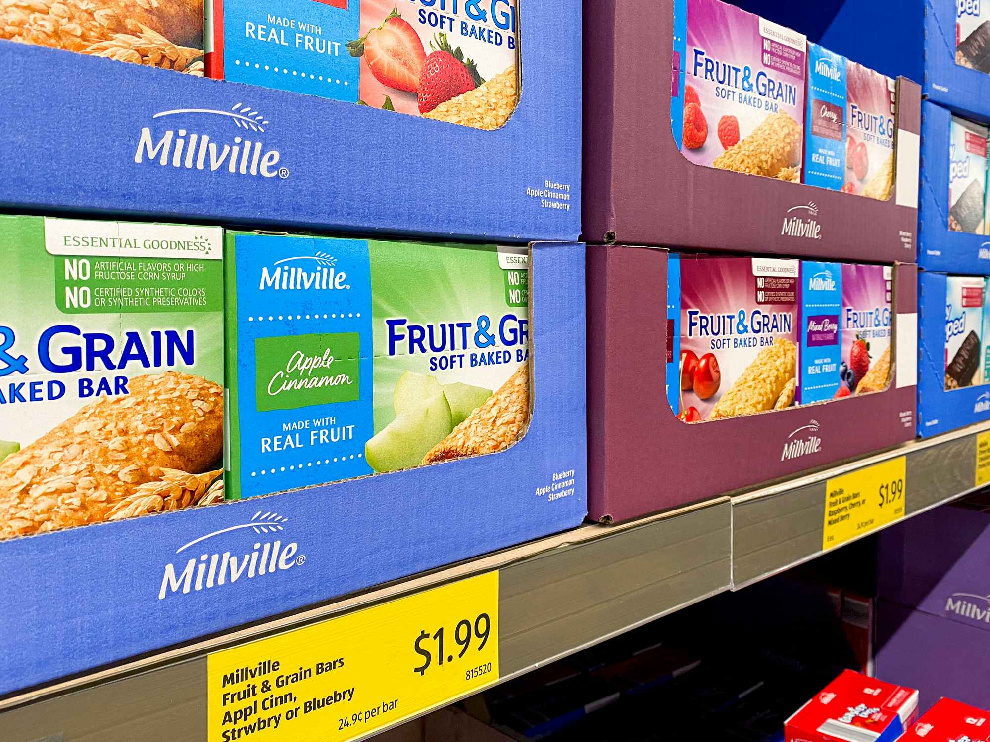 variety of millville fruit and grain soft-baked bars with price on aldi store shelf