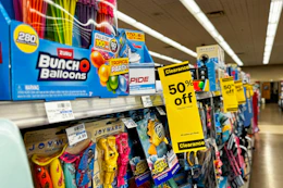 50% off clearance signs in a summer aisle with toys and water balloons