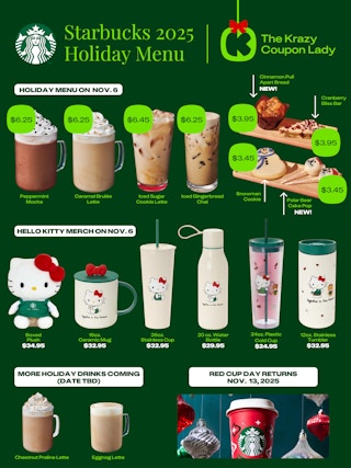 a graphic showing the 2025 starbucks holiday menu with pricing