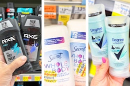 collage image of axe, secret, and degree deodorant
