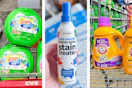 collage image of gain flings, miss mouths stain treater, and arm & hammer detergent