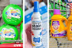 collage image of gain flings, miss mouths stain treater, and arm & hammer detergent