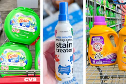 collage image of gain flings, miss mouths stain treater, and arm & hammer detergent