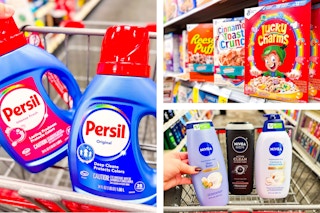 collage image of persil detergent, nivea body wash, and general mills cereal