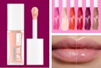 2 stock images of the Neutrogena Hydro Boost Hydrating Lip Oil + 1 photo of what it looks like on lips (before & after)