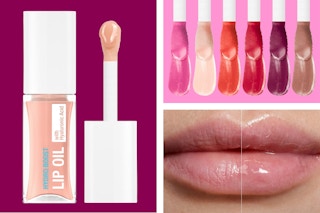 2 stock images of the Neutrogena Hydro Boost Hydrating Lip Oil + 1 photo of what it looks like on lips (before & after)