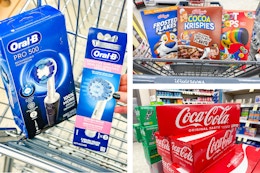 collage image of oral-b electric toothbrush, kelloggs cereal, and coca-cola