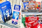 collage image of oral-b electric toothbrush, kelloggs cereal, and coca-cola