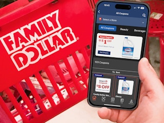 Someone looking at the Family Dollar app in front of a Family Dollar basket