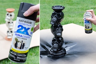 someone spray painting plant saucers and fake skeletons glued together black