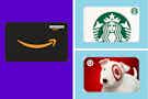A collage of Amazon, Starbucks and Target gift cards