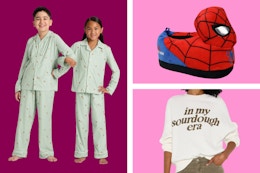 matching pajamas, women's sourdough sweatshirt, spiderman slippers