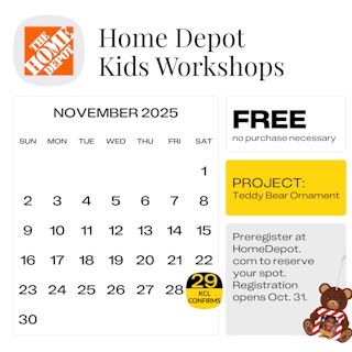 calendar graphic of Home Depot Kids Workshop November 2025 Teddy Bear Ornament