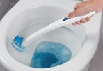 a person scrubbing a toilet with a brush 